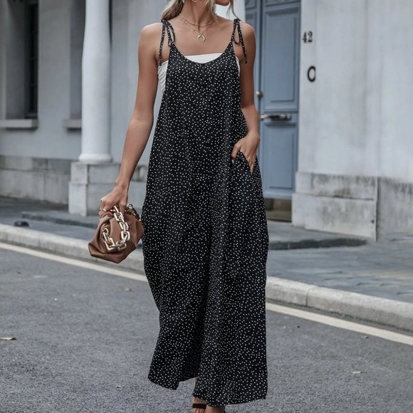 . Pants - Black Farm Style Womens Polka Dot Slant Pockets Tie Shoulder Jumpsuit